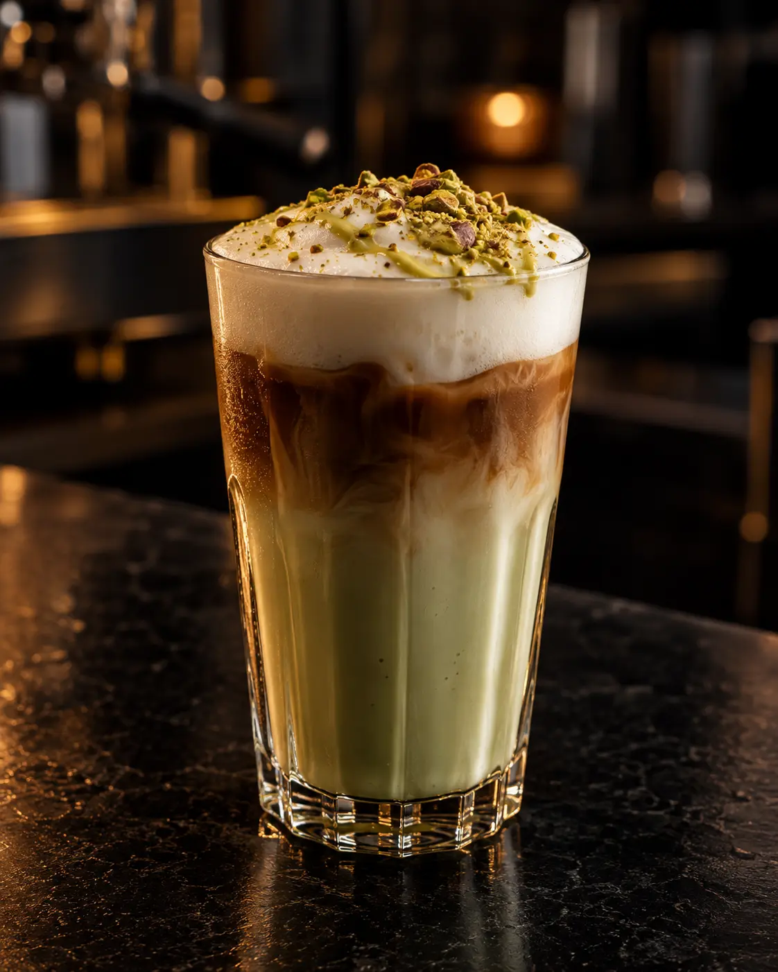Antep fıstıklı latte sunumu